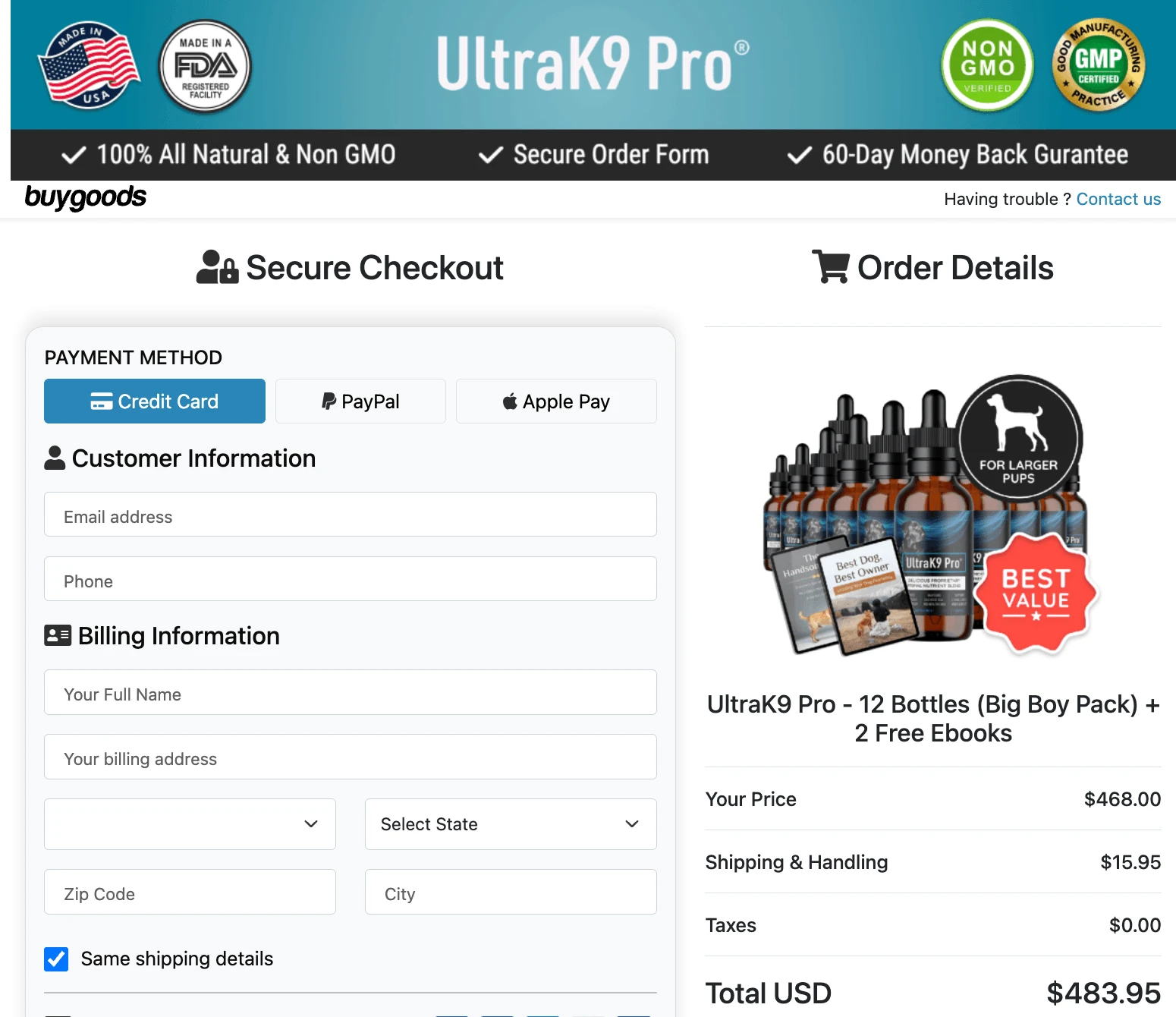 UltraK9 Pro check out page